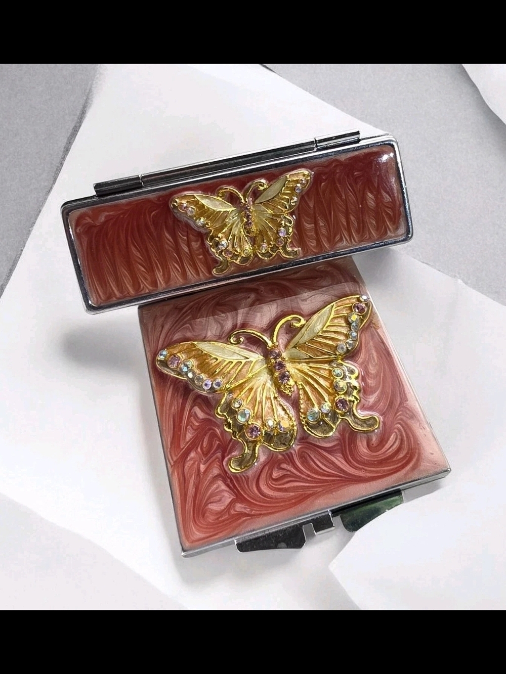Vintage Butterfly Rhinestone Enamel Compact Mirror & Lipstick Case Set